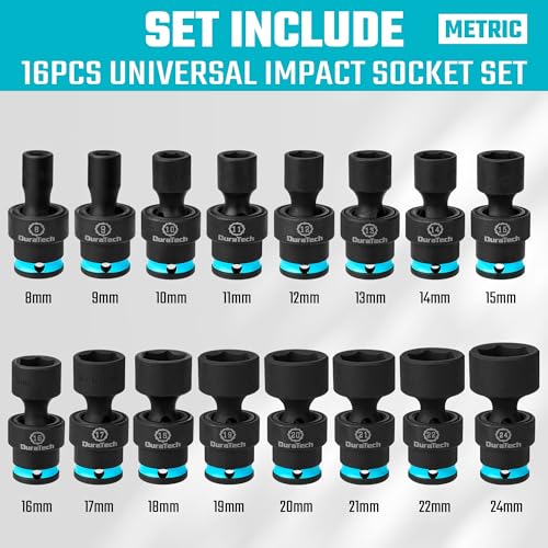 DURATECH 3/8" Drive Impact Swivel Socket Set, 16 Pcs Shallow Wobble Sockets - style: 16 PCS Metric 3/8" Dr.