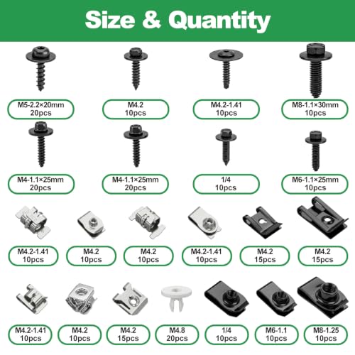 FOLIV 280PCS U-Nut Clips and Bolt Kit, Automotive Body Bolts and Clips Assortment, Engine Undertray Fasteners for Toyota Camry, Honda, Ford, GM-Fender Liner Screws (21 Sizes)