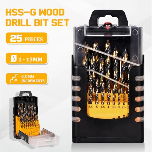 25PCS 1-13mm Metric Brad Point Drill Bit Set,HSS Fully Ground Double Flute Wood Drill Bits for All Types of Wood, with Index Storage Case (0.5mm Step)