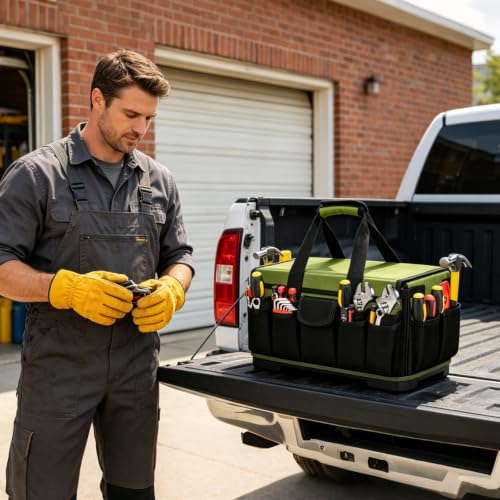 18-Inch Heavy Duty Tool Bag, 45-Pocket Large Capacity Tool Organizer with Hard Base & Waterproof Pocket, Tear-Resistant Electrician Tool Tote for HVAC, Mechanic, Carpenter