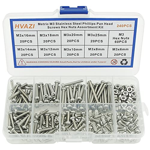 240PCS Metric M3 304 SS Phillips Pan Head Machine Screws & Nuts Kit | 9 Sizes 6-25mm Lengths 304 Stainless Steel Fully Threaded Pan Head Fasteners for PCB Electronics Arduino DIY Repair w/ Box - size: M3