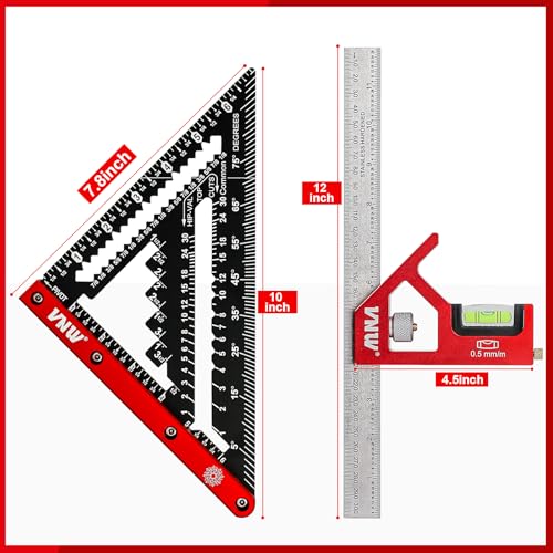 VNW 7inch Rafter Square and 12inch Combination Square Set -CNC-Machined Aluminum Alloy,Heavy Duty Carpenter Square for Woodworking and Home DIY