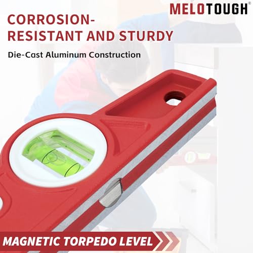 MELOTOUGH 10 Inch Die-Cast Magnetic Torpedo Level,Magnetic Level for Carpenter,Construction,Scaffolding, Plumbing Torpedo Level with Rare Earth Magnet,Pencil and Holster,Red,2PCS - color: Red-2pcs