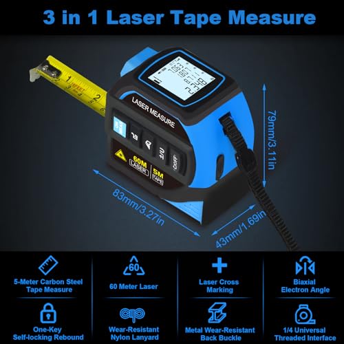 Menider 4-in-1 Laser Measure Tool - Digital LCD & Self-Locking, 196ft/60m Laser & 16ft/5m Tape, Cross Line & Dual-Axis Angle, Rechargeable for Pros
