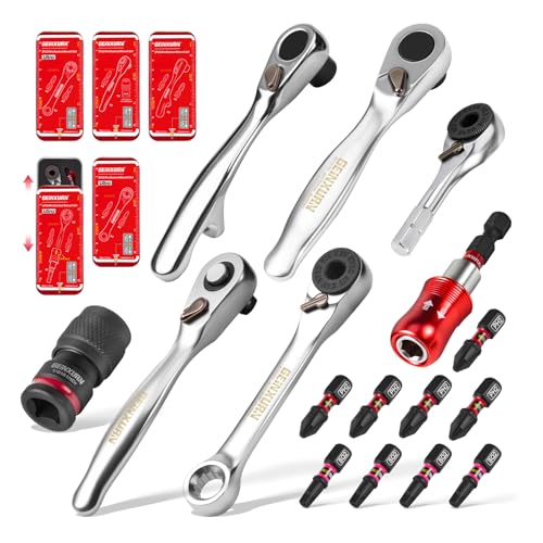 GEINXURN Mini Ratchet Wrench Set, 72 Teeth Ratchet Wrench For Tight Spaces, Locking Bit Holder, Change Adapter and Mini Socket Ratchet Comes in a Push-Pull Tin Case, Ideal for Repair and DIY projects - size: 16