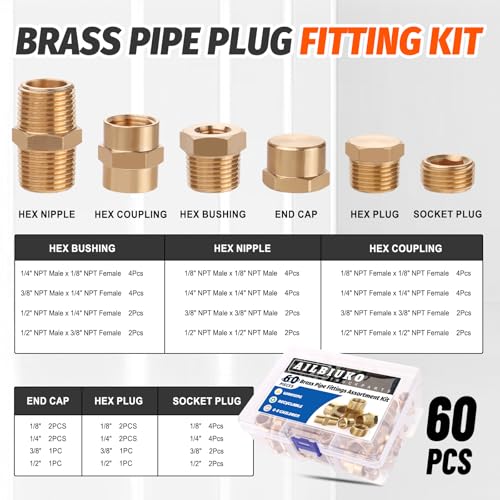 60Pcs Brass Pipe Fittings Assortment Kit,1/8" 1/4" 3/8" 1/2" NPT | Reducer Bushing,Hex Nipple,Reducing Hex Coupling,Hex Heand Plug,End Cap and Socket Plug Fitting Kit
