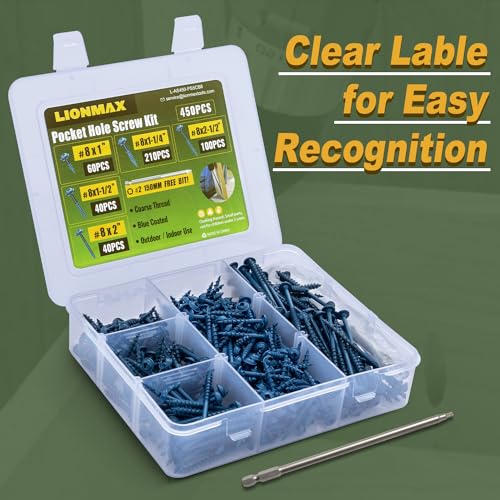 LIONMAX Pocket Hole Screws Assortment Kit, 450 PCS in 5 Sizes, 8 x 1, 1-1/4", 1-1/2", 2", 2-1/2", Blue Anti-Rust Coated Pocket Hole Screws for Exterior, Square Drive, 150MM Drive Bit Included