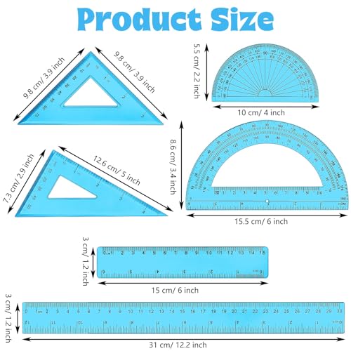 Tenare 6 Pcs Math Geometry Ruler Set, Protractor Triangle School,Blue - color: Blue