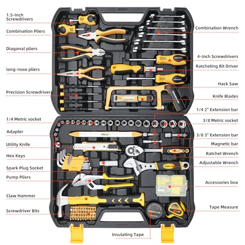 199 Piece Tool Kit for Home,General Household/Auto Repair Tool Set,Basic Hand Tool Kit with Socket Wrench,Tool Box Case for Men,Perfect for Diyer Handyman Homeowner - color: Black and Yellow