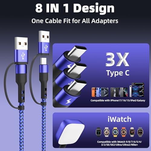 4 IN 2 Multi Charging Cable with 3 USB-C/iWatch Charger, Travel Essentials - color: Purple, size: 2Pack 5FT