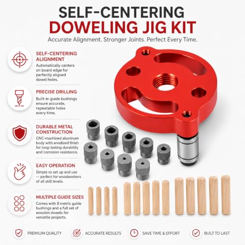 Self Centering Doweling Jig – Handheld Drill Guide for Woodworking, Straight Hole Locator & Dowel Hole Puncher, Fits 2/3/4/5/6/7/8/9/10mm Drill Bits