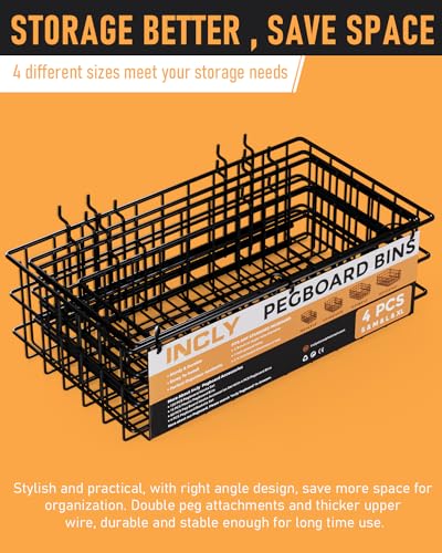 INCLY 4 Pack Pegboard Baskets Bins Set, Black Metal Pegboard Accessories - color: Black