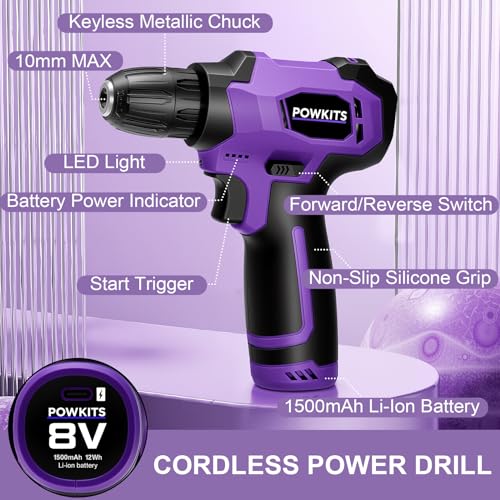 8V Purple Cordless Drill Set for Women, Starter Tool Kit with Drill | Electric Drill, USB Charger, 3/8" Keyless Chuck, 139-PIECE Tool Set with Drill for Home Repairs, DIY Project