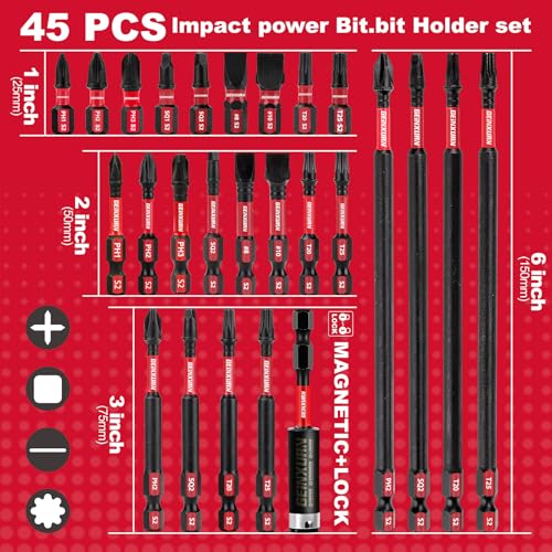 GEINXURN Impact Tough Magnetic Mixed 45Pack Insert Driver Bits, S2 Alloy Steel Screwdriver Power Bits Set with 1Pcs Impact Magnetic Bit Holder - size: MIXED-45PC
