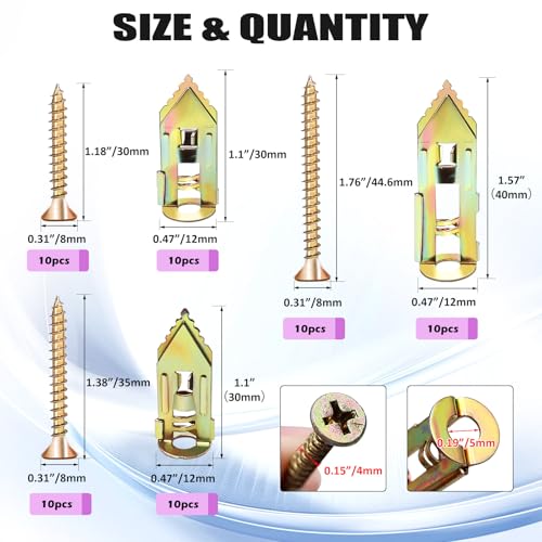 60 Pcs Self Drilling Drywall Anchors Kit, 3 Sizes, No Drill, Holds Up to 50 lbs, for Gypsum Wallboard, Drywall, Wall Lights, Picture Frames, Curtains, Clocks