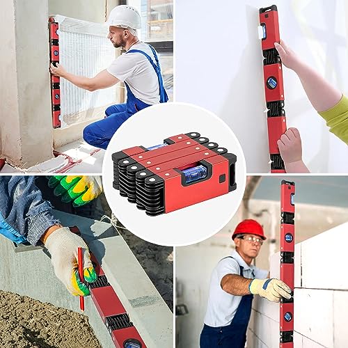28-In Folding Level Tool, Magnetic Alloy Multi-Function Portable Level Measuring Tool with 4 Easy to Read Level Bubbles, Precise Leveling In Any Position for Woodworking & Construction & DIY'er - color: Red Folding Level Tool