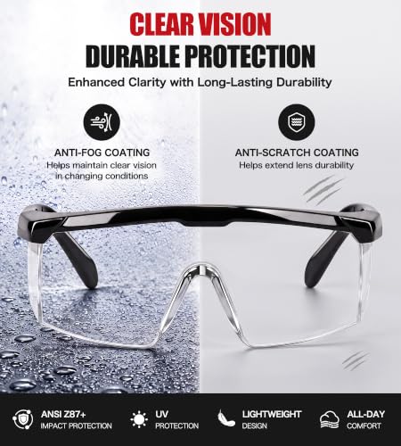 antools 2 Pack ANSI Z87+ Safety Glasses, Anti-Fog, Scratch-Resistant, Adjustable Temples, Clear Protective Eyewear, Lab Goggles