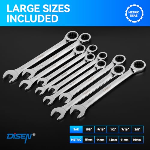 DISEN 10Pcs Ratcheting Wrench Set SAE & Metric Ratchet Wrench Set with Rack Organizer, Premium CR-v Steel, 12 Point, 72 Teeth,Box End and Open End Ratcheting Wrench Set,Metric 10-15mm&SAE 3/8''-5/8'' - size: 10pcs metric & sae set