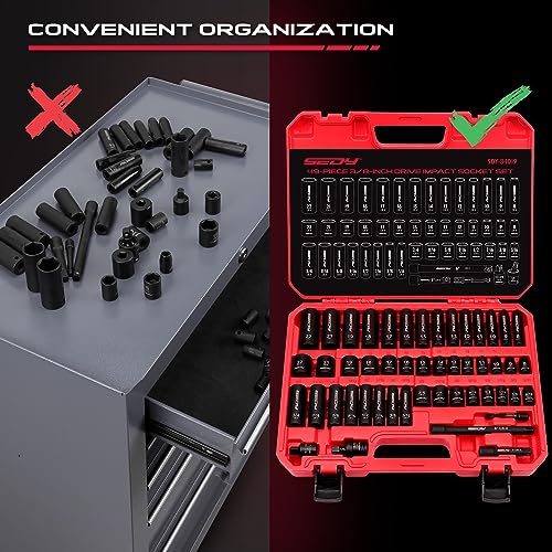 3/8" Drive Impact Socket Set - 49-Piece SAE (5/16 to 3/4 inch) and Metric (8-22mm) Sizes with Extension Bars and Universal Joint Standard & Deep CR-V Material for High Durability Impact Wrench - style: 3/8" | 49-Piece Standard & Deep