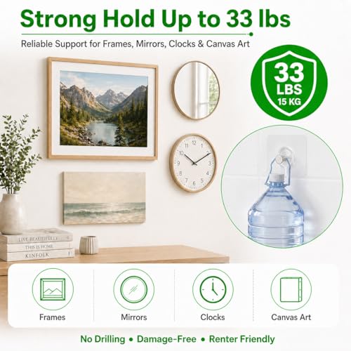 15Pcs Picture Hangers Without Nails, Drill Free Adhesive Wall Hooks, 33 lbs - color: Transparent-15PCS