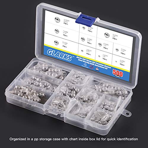 Glarks 500Pcs 11 Size 3/32''-13/32'' SAE Precision Chrome Steel Assorted Loose Bicycle Bearing Ball Assortment Kit (SAE)