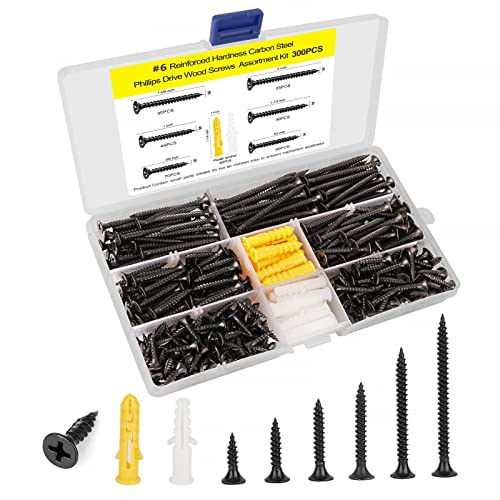 #6 Wood Screw Assortment Kit, Flat Head Phillips Screws Set(300PCS) - size: #6 Assortment Kit