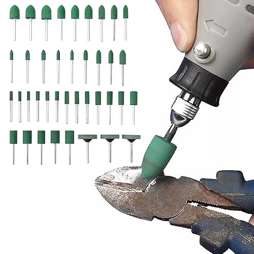 39 Pcs Rubber Polishing Drill Bits,Green Buffer Abrasive Bits Metal Polish Tips Rotary Tool Accessories Bullet Cylinder T Shape Rubber Wheel Bit 3 mm Mandrel