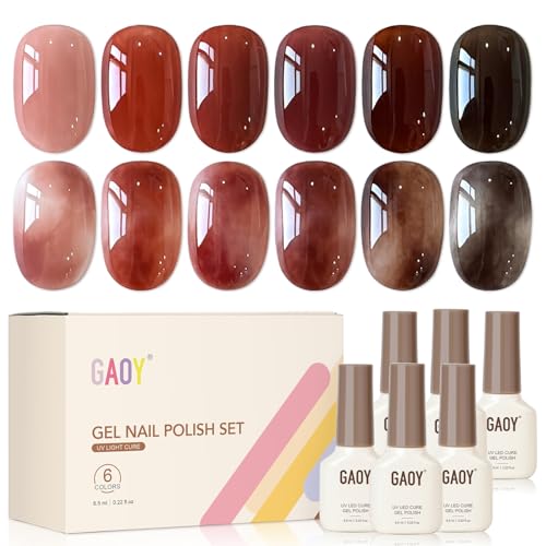 GAOY Tortoise Jelly Gel Nail Polish Set, 6 Colors Red Brown Sheer UV Gel | Blooming Effect, Buildable Color, UV Lamp Required, Long Lasting, Easy to Apply, Salon Manicure at Home - color: Vibrant Brown