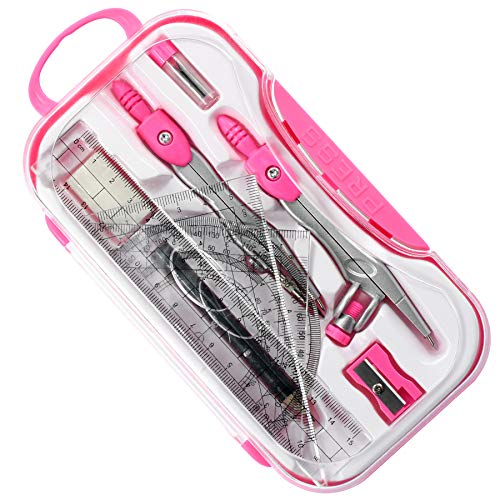 Unjoo Geometry Set 10 Pcs Student Supplies, Protractor and Compass (Pink） - color: Red
