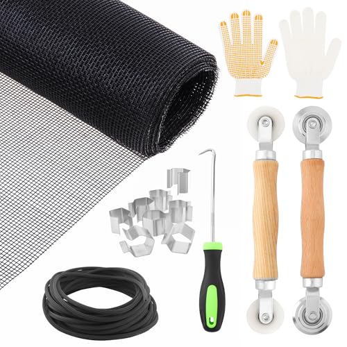 Window Screen Door Repair Kit,Include 59"×106" Black Screen Mesh+ 2 Steel/Nylon Roller+32Ft Spline+8 Clips+Hook+Non-Slip Gloves,7 in 1 Window Mesh Kit for Windows Doors Patio and Porch Replacement - size: 59"×106" Mesh+Tool