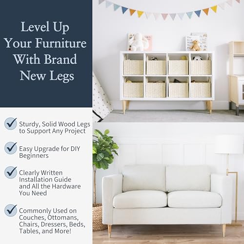 Airy Abode Premium Ash Wood Furniture Legs with Gold Caps (Full Install Kit) - Pick Your Size and Color - color: Ash / Gold, size: 4 Inches