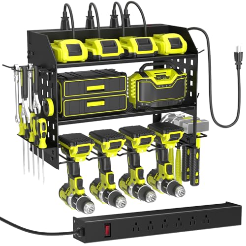 SUNALLY Power Tool Organizer Wall Mount with Charging Station,3 Layer,Black - style: 4 Drill Holders E
