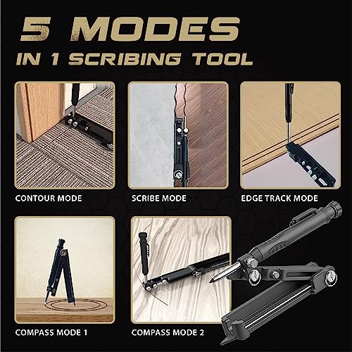 Multi-function Scribing Tool, Zinc Alloy Smart Scribe Tool with Solid Carpenter Pencil, DIY Scribe Tool Woodworking, Gauge Scriber Line Maker, Measuring Tool with Scale, Black - color: Black