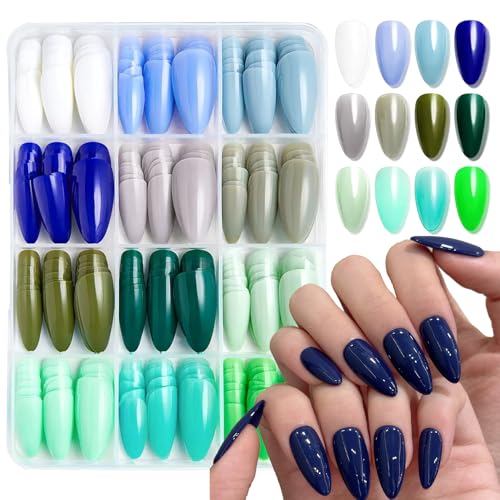 288Pcs Press on Nails Medium Almond Fake Nails with 12 Solid Color False Nails Reusable Acrylic Artificial Nail Glossy Full Cover Nails Press ons Kit for Women Girls Manicure - color: Style-24
