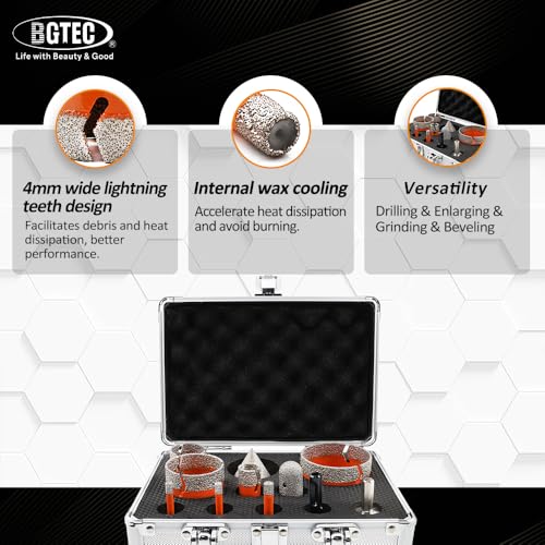BGTEC Diamond Core Drill Bit 11PCS, Tile Hole Saw Kit 1/4" - 2-1/2" - size: 11 pcs - 6/6/8/19/35/50/65mm, style: Flash Toothed