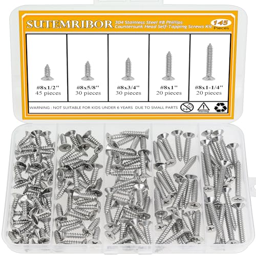 145 Pieces #8 x 1/2" 5/8" 3/4" 1" 1-1/4" Wood Screws Set, Phillips Countersunk Head #8 Self-Tapping Screws Assortment Kit, 304 Stainless Steel - size: #8, style: Phillips Countersunk Head