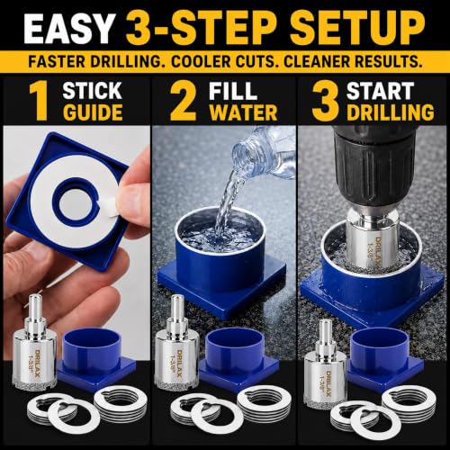 Drilax 1-3/8 Inch Diamond Hole Saw Kit with Water Guide for Countertops - size: 1-3/8 inch