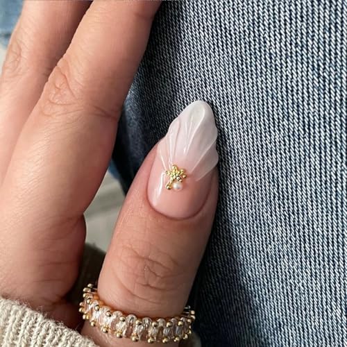 LPOODDNU 3D Almond Press on Nails - White French Tip Medium Fake Nails with Flower Pearl Star Designs, Glossy Finished Reusable False Nails with Adhesive Glue Tabs - 24Pcs Nail Kit for Women Manicure - color: 3d white flower
