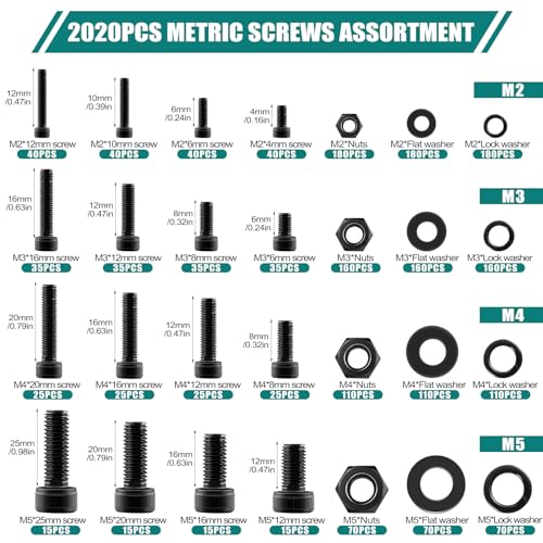 2024 Pcs Metric Screw Assortment, Bolts and Nuts Assortment Metric Machine Screw Assortment M2 M3 M4 M5, 12.9 Alloy Steel Black Zinc Plated Hex Socket Head Screws Nuts Bolts and Washers Set - size: M2-M5, 12.9 Alloy Steel, Hex Socket Head