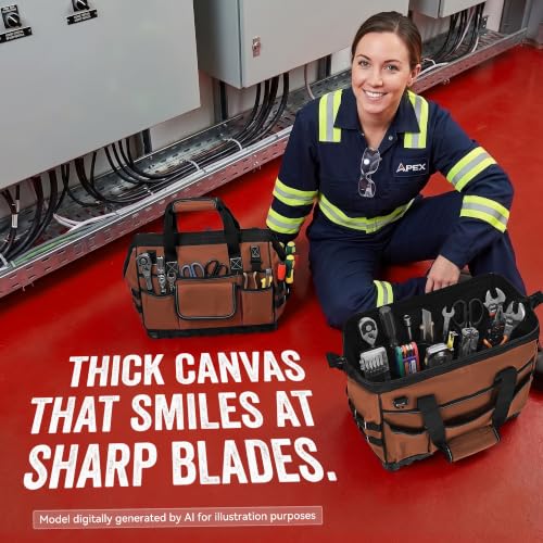 Heavy Duty Canvas Tool Bag, Wide Mouth Tool Tote Organizer - color: Brown