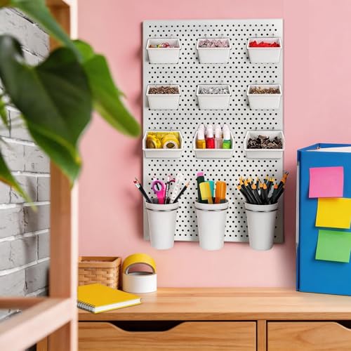 Pegboard Bins Cups with Hooks & Loops 12 Pack Peg Board Organizer (White) - color: White