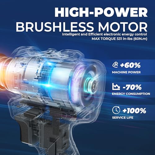 Dong Cheng 20V Brushless Heavy-duty Impact Drill, 531in-lbs, with 2 x 2.0Ah Battery, 1/2" Keyless All Metal Chuck, 20+1+1 Clutch, Cordless Hammer Drill Kit for Drilling Brick Wall, Metal, Wood - style: 531in-lbs Impact Drill