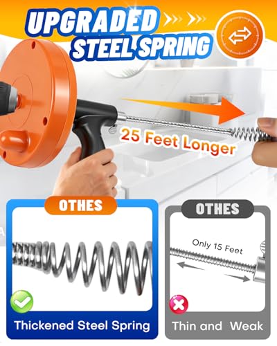 Drain Auger, 25FT Drain Snake with Drill Adapter, Flexible Plumbing Snake Clog Removal Tool with Gloves & Cloth Bag, Use Manually or Powered for Kitchen Bathroom Shower Sink - color: Orange 3