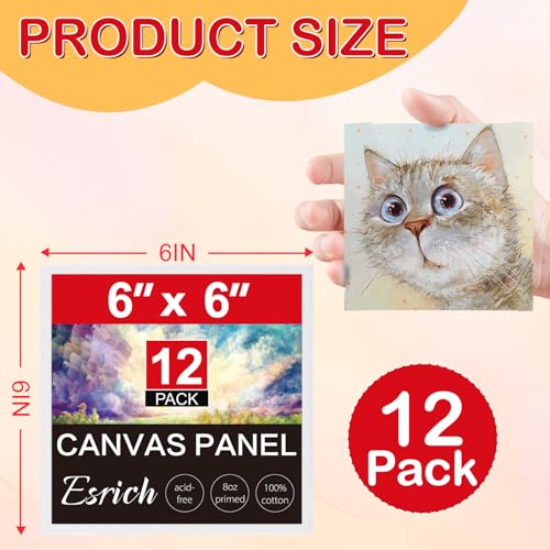 ESRICH Small Canvases for Painting 6x6 inch, 12 Pack Canvas Boards Cotton Painting Canvas Primed Acid Free Mini Blank Canvas Panels for Oil Paint,Watercolor,Acrylic Paint,Gouache&Tempera., White - size: 6x6in 12pack