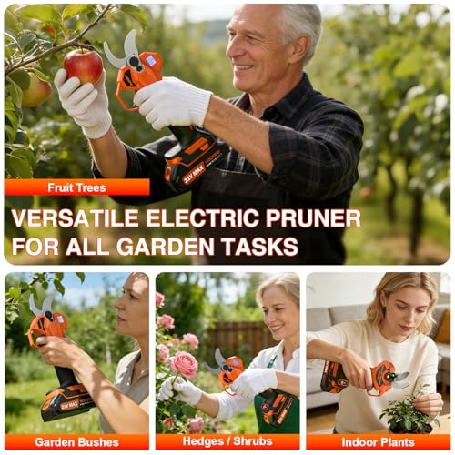 Electric Pruning Shears, Upgraded 2.1" Cutting Garden Shears with LCD Display, Brushless Motor Cordless Power Pruner with 2.0 Ah*2 Batteries for Garden Tree Pruner Branch - style: 2.1" orange