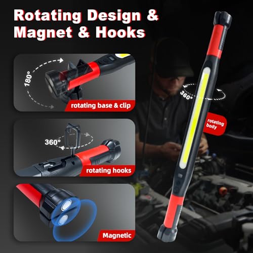 Magnetic Work Light 3000 Lumens, Rechargeable LED Flood Light with 180° Rotating Head & 360° Hooks, IP65 Waterproof Shatterproof Portable Spotlight for Camping, Emergency, Car Repair, Jobsite