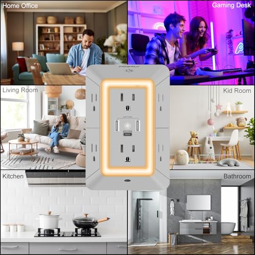 Multi Plug Wall Outlet Night Light, POWRUI 6 Outlet Extender & 3 USB Ports - color: Grey(6Outlets/Night Light), size: 2U1C
