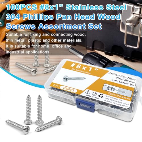 100PCS #8 x 1 Wood Screws, Pan Head Stainless Steel Sheet Metal Screws, Fast Self Tapping Screws for Deck Drywall Concrete Screws with Screwdriver Bit - style: Silver #8X1" Pan Head 100PCS