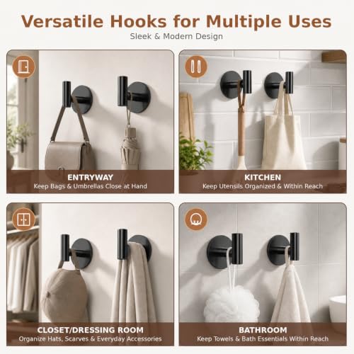 Self-Adhesive Coat Hooks, Stainless Steel Heavy Duty Wall Hooks, Towel Hooks for Hanging Robes, Aprons, Coats and Hats in Bathrooms,Kitchens and Hotels(Black, 4 Pack) - color: Black, size: Adhesive "T" Shape- 4 Pack