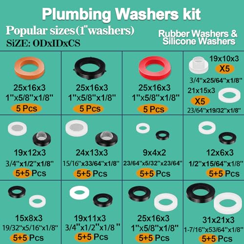 XBVV 32 Size 258 PC Faucet and Plumbing Rubber Washers Assortment Kit for Assorted Garden Hose Valve Spigot Adapter Splitter Outdoor Faucet Bibb Shower Hose Gasket Repair - size: 258 PCS